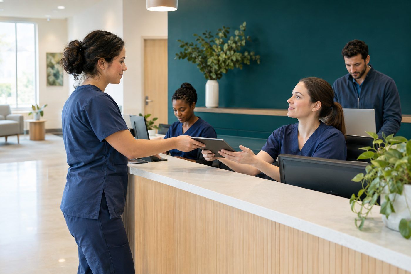 Clinical team coordinating at a modern outpatient center