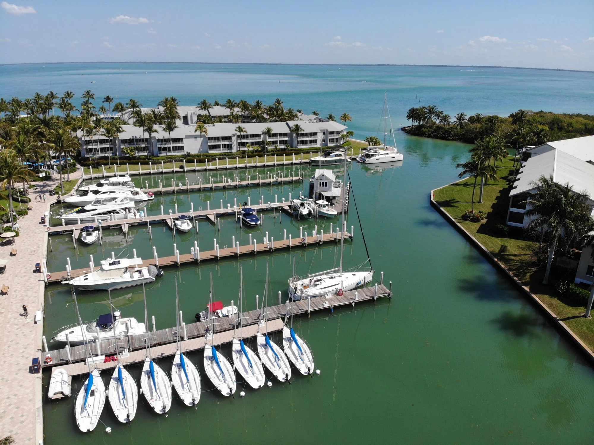 Aerial view of the South Seas Resort yacht harbor and turquoise Gulf waters, Captiva Island