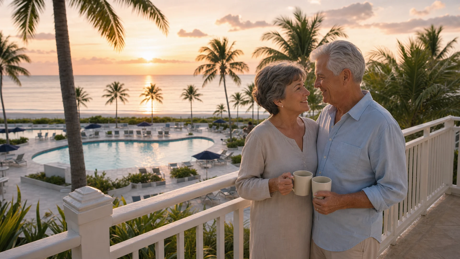 Couple enjoying coffee on a balcony overlooking the pool at sunset, South Seas Resort