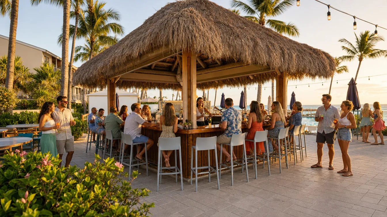 Guests enjoying the poolside Tiki Bar at South Seas Resort at golden hour